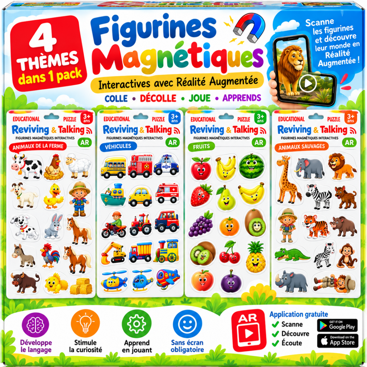 Figurines Magnétiques Interactives avec Réalité Augmentée – Pack 4 Thèmes | Jouet Éducatif 3+